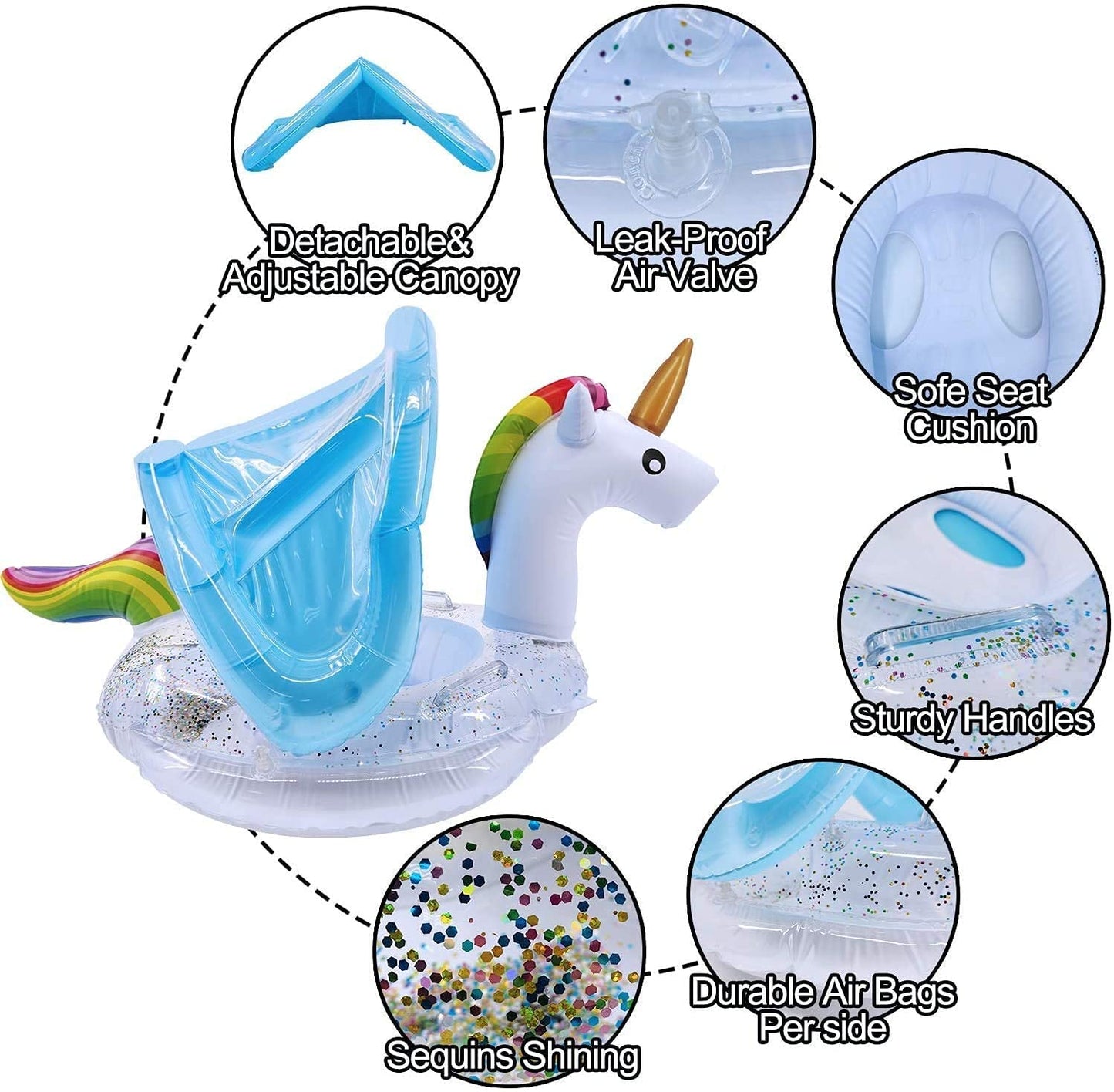 Unicorn Baby Swimming Pool Float With Canopy, Glitters, Seat & Safety Handle, 2024 Summer Baby Floats For Pool, Inflatable Baby Floaties For 8-36 Months Toddler Boy Girl Summer Outdoor Party Favor