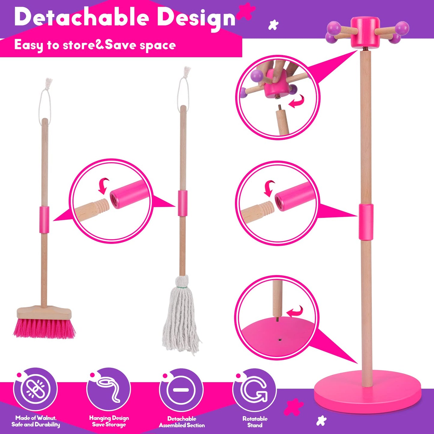 Mastertop Kids Cleaning Set 8 Piece, Wooden Detachable Cleaning Toys For Toddlers, Broom Dustpan Mop Brush Duster Rag Sponge And