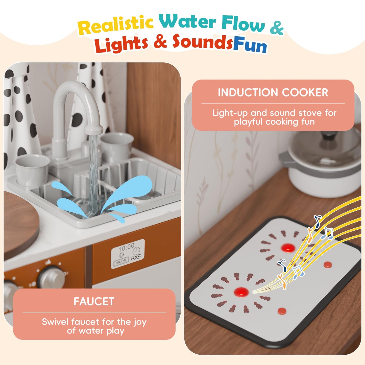 Wooden Corner Play Kitchen With 180 Rotating Design, Kids Kitchen Playset With Interactive Lights & Sounds, Toddler Kitchen Set