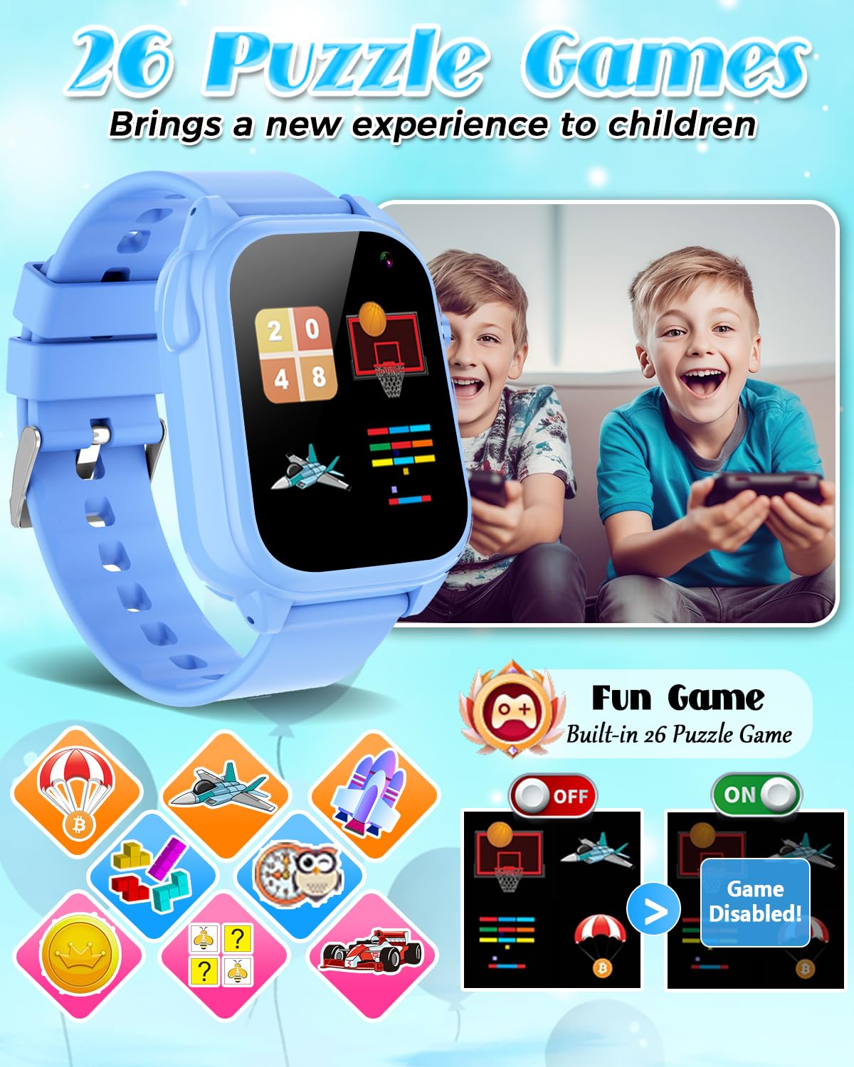 Waterproof Smart Watch For Kids 3-12 Years Old Boys Learning Toys With 26 Games, Video Camera, Pedometer, Music Player, Alarm Cl
