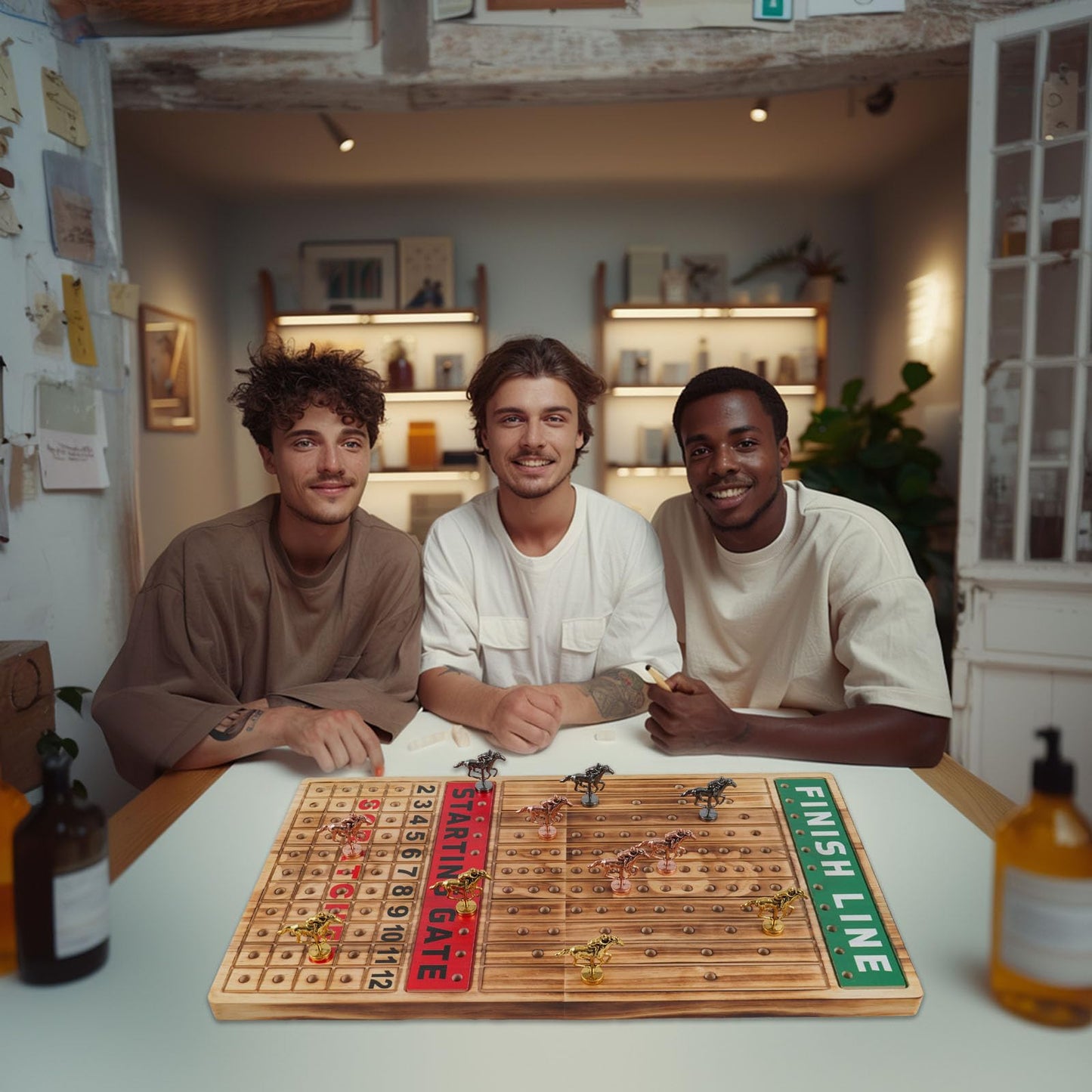 Wahartoly Large Luxury Thickened Wood Foldable Horse Race Board Game Finish LINE Game with 11 Metal Model Horses 2 Sets of Dice