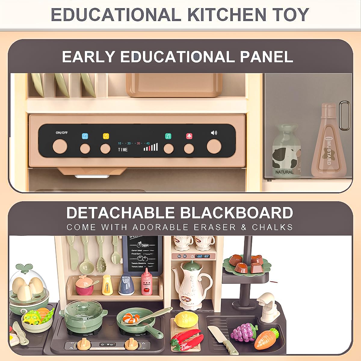 Play Kitchen - Kitchen Playset Pretend Food - Toy Accessories Set w/Real Sounds & Light, Play Sink, Cooking Stove with Steam, 65