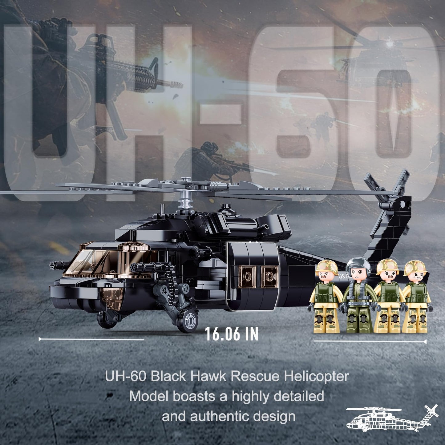 Uh-60 Black Hawk Helicopter Military Set, Army Airplane Building Bricks, Rescue Helicopter Model Kits With 4 Soldier Minifigures, Gifts For 6-12 Year Old Kids, Compatible With Lego, 692 Pcs