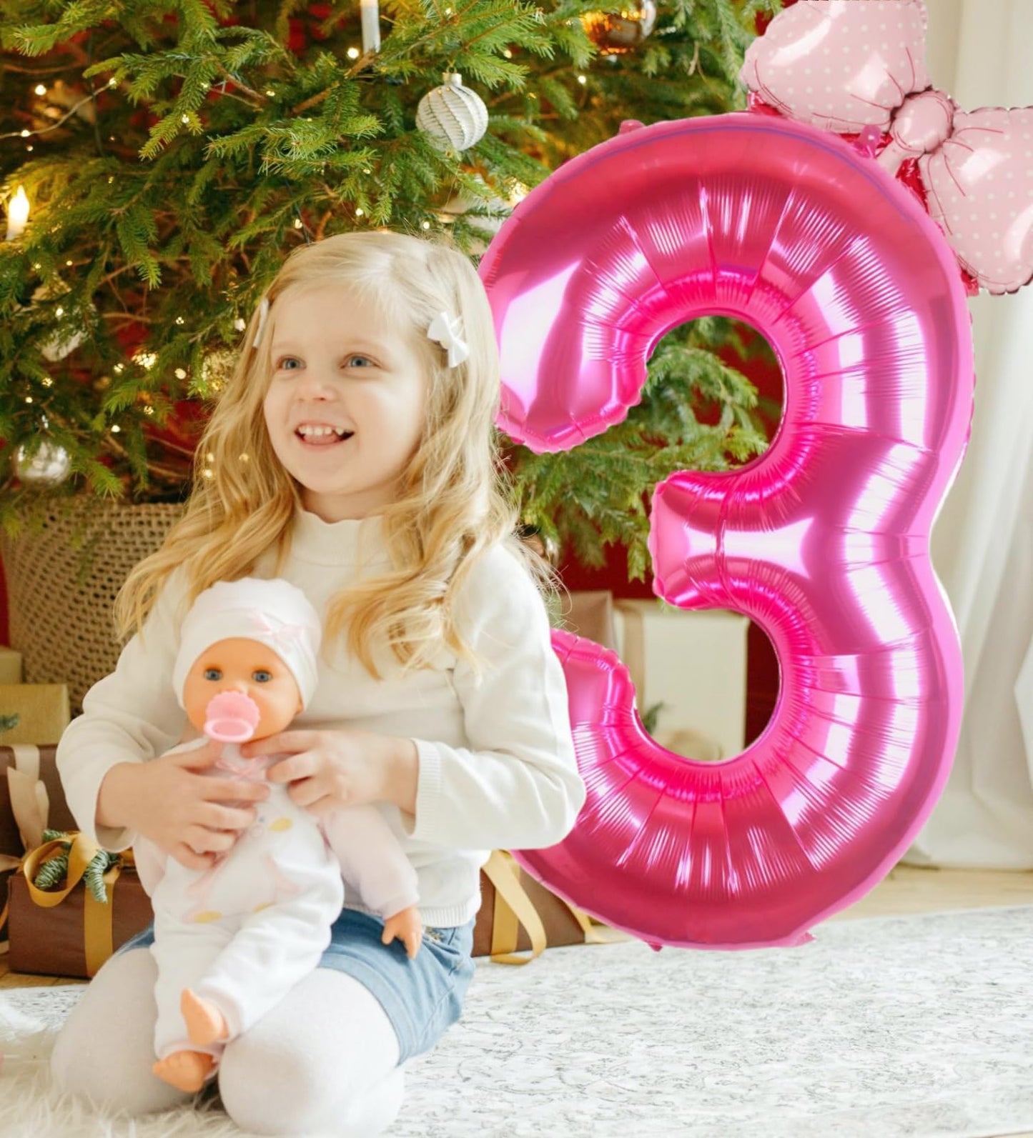 Kwuz 40 Inch Pink Number 3 Aluminum Balloon for Girls Birthday Party Decorations, Bow Pink, Model HK40PIBNFO-3