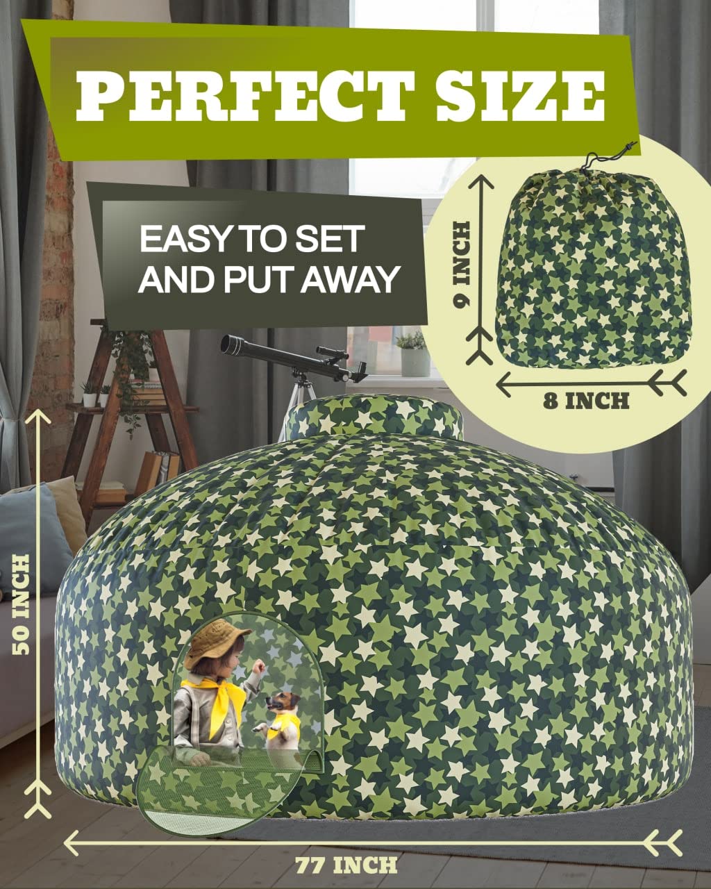 Skywin Air Tent Fort Playhouse For Kids (Camo Stars) - Inflatable Kids Fort Sets Up And Stores Away In Seconds (Fan Not Included) (With Door)