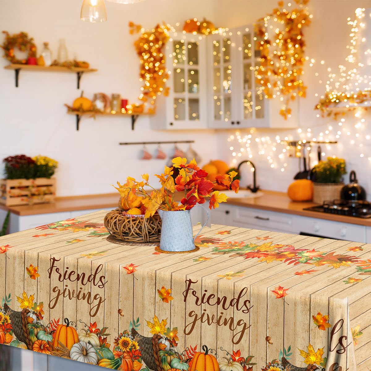 Friendsgiving Party Decorations-3Pcs Friendsgiving Tablecloth Fall Maple Leaves Pumpkin Friendsgiving Table Cover For Friendsgiv