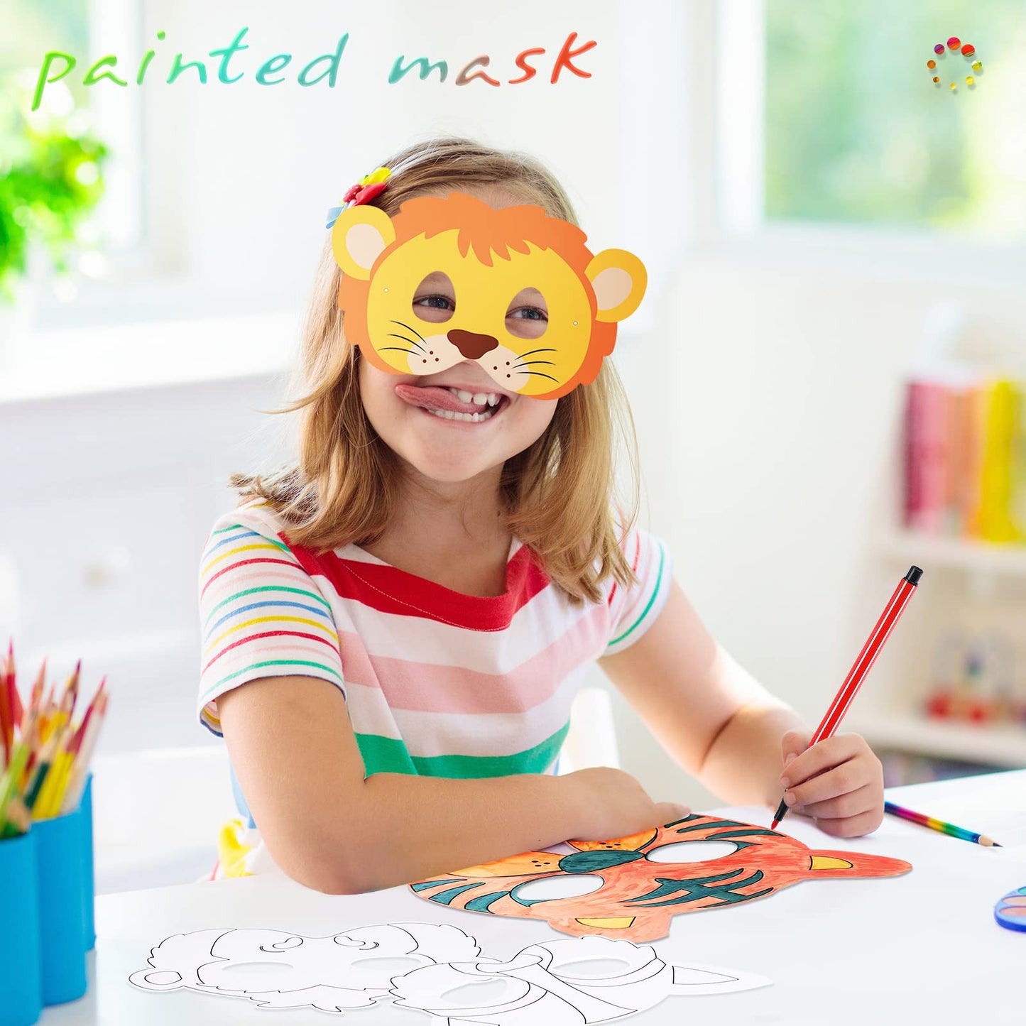 Lenwen 16 Set Animal Coloring Masks with 24 Pcs Watercolor Pen DIY Safari Animal Mask Blank Jungle Animal Unpainted Mask for Kid