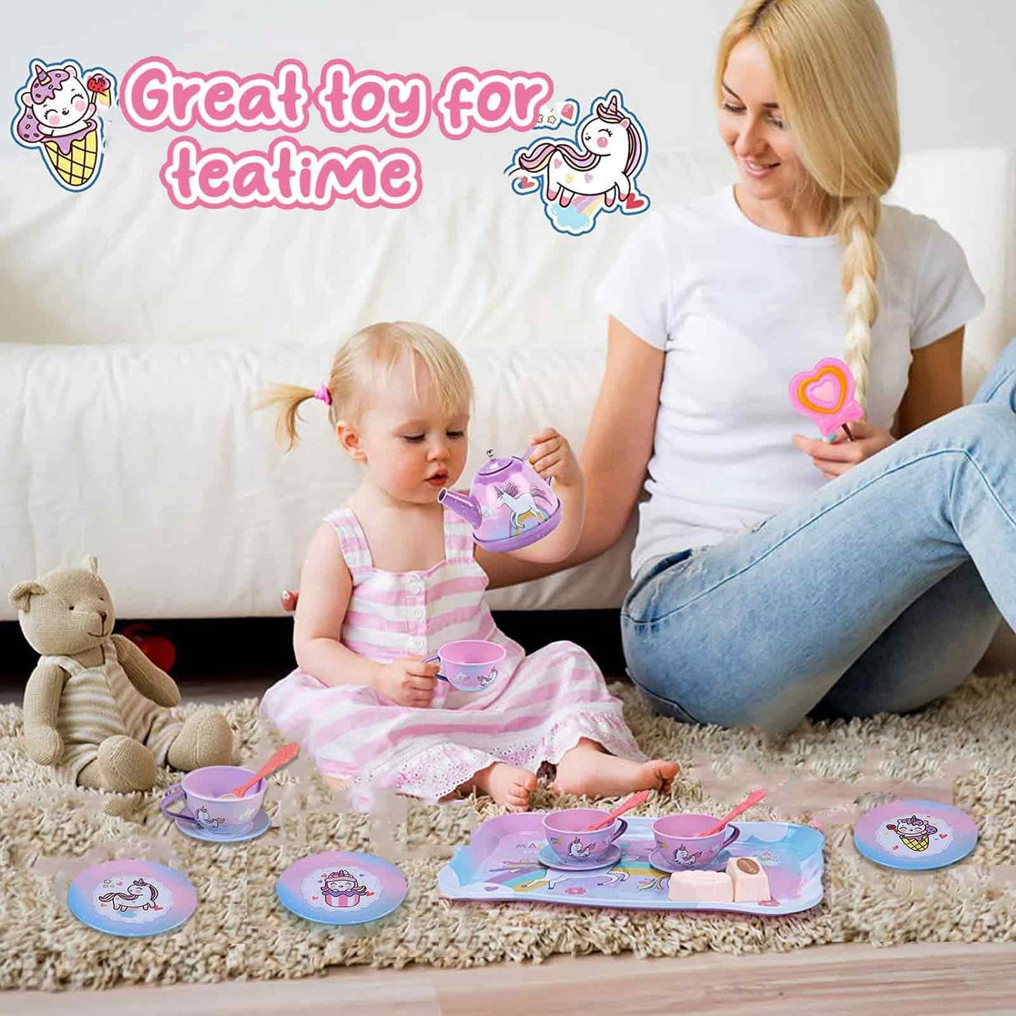 19Pcs Rainbow Unicorn Toys Tea Party Set for Little Girls, Birthday Gift for Age 3 4 5 6 Year Old, Princess Tea Time Set Toys fo