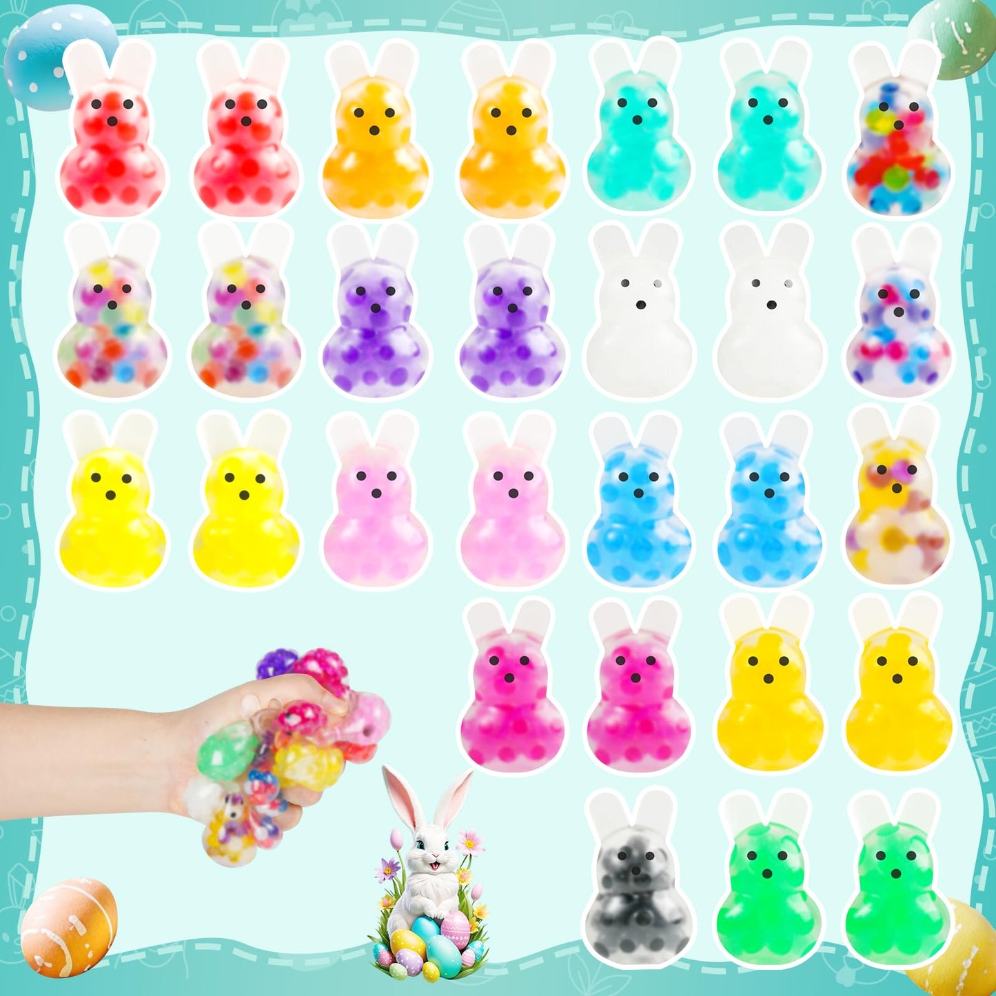 28Packs Easter Bunny Stress Balls,Easter Basket Stuffers,Easter Squishy Squeeze Balls Bulk Fidget Toys For Adults,Stress Relief