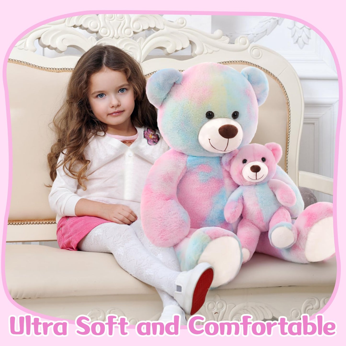 Tezituor Giant Teddy Bear Stuffed Animal 39In, Large Teddy Bear Mommy With Baby, Big Teddy Bear Stuffed Bear For Kids, Girlfriend On Mother'S Day, Valentine, Christmas, Baby Shower, Tie-Dye Pink