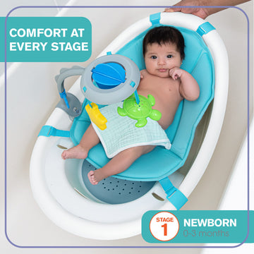 Summer Infant Gentle Support Multi-Stage Tub With Toys - For Ages 0-24 Months - Includes Soft Support, Toy Bar And Bath Toys, A Hook For Storage And Dying, And A Drain Plug, White/Blue, One Size