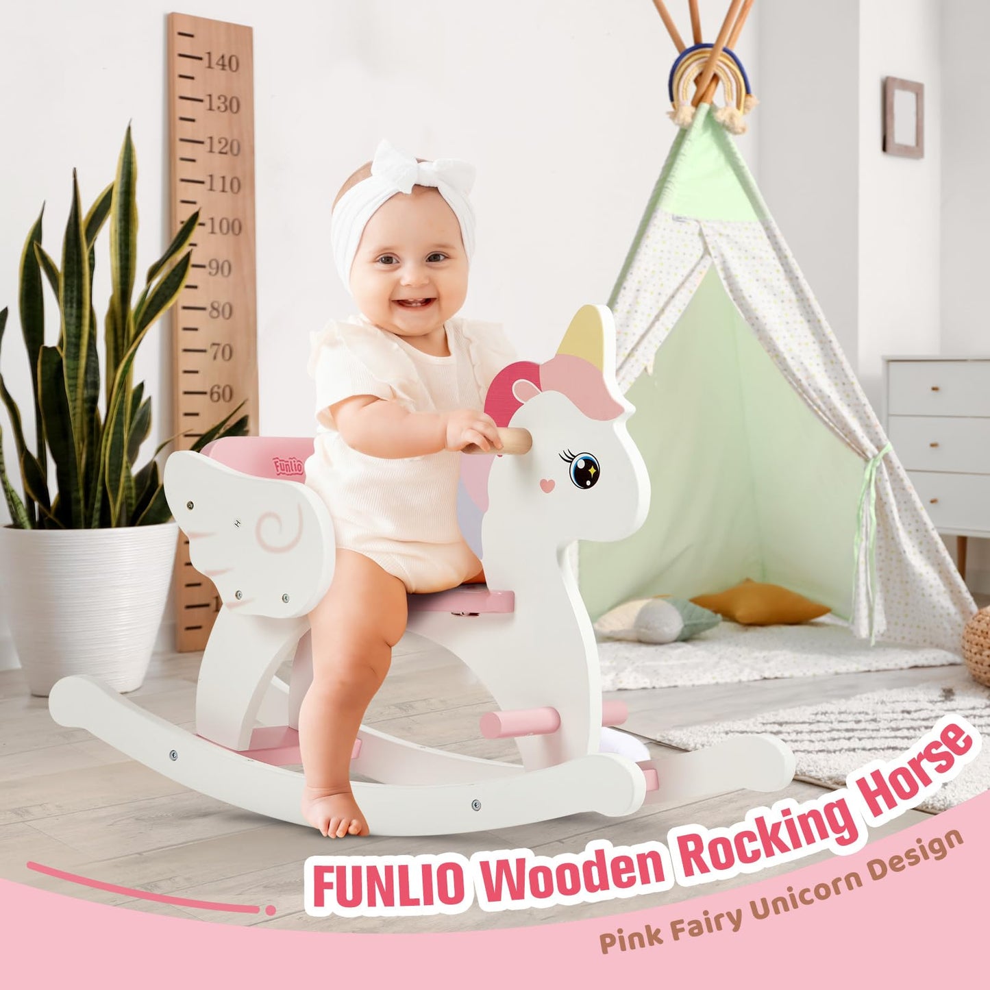 Funlio Unicorn Wooden Rocking Horse Ages 0.5-3, Cute Baby Rocking Horse With Safety Belt & Backrest, Easy To Assemble Toddler Ride On Toys, Cpc & Ce Certified - Pink