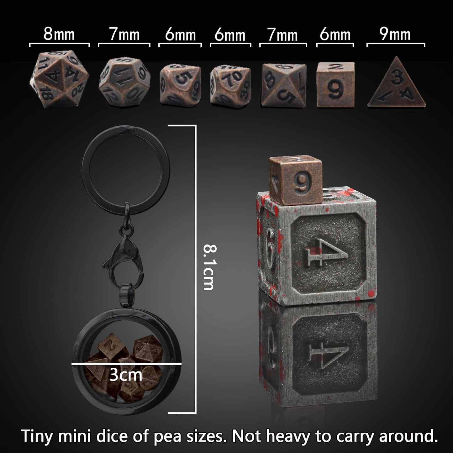 PJOY Mini Dice Set Tiny DND Dice with Necklace Case D&D Portable 7PCS Keychain Antique Copper Metal Dice Set for Role Playing Di