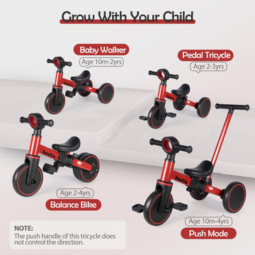 Bautia Kids Tricycle for Toddlers 1-3, 5-in-1 Balance Bike, Red, Carbon Steel, Model ST-L00135, No Parent Steering Version