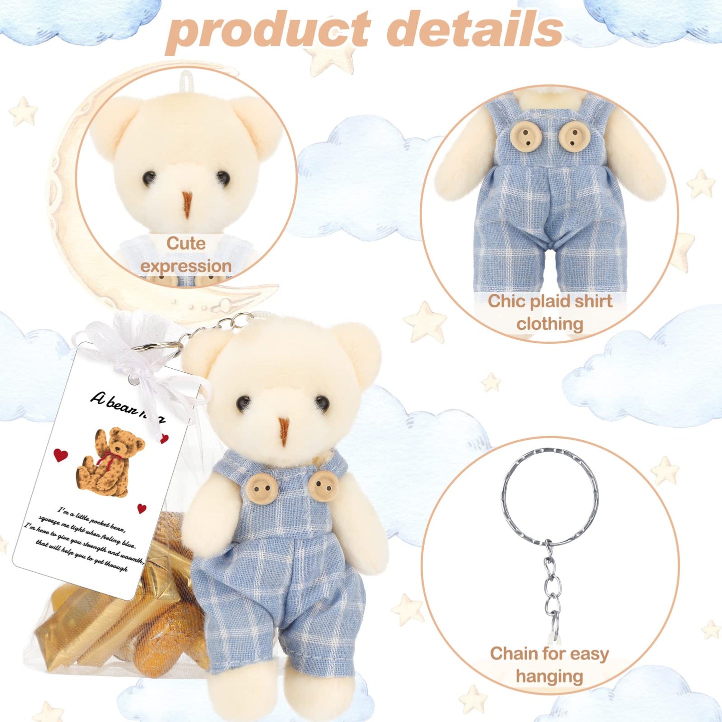20 Sets Miniature Bear With Clothes Stuffed Plush Bear Decorations, 4.7 Inch Bears Baby Shower Doll Favors Bear Hug Gift Card White Organza Bags For Guest Baby Shower Souvenirs Birthday Party (Blue)