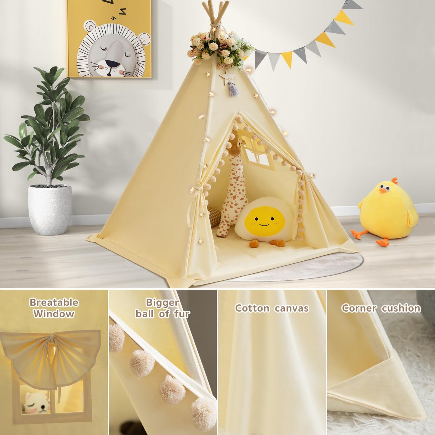 Wirhao Teepee Tent For Kids With Padded Mat Cotton Canvas Kids Tent With Pompom For Toddlers Indoor Kids Play Tent For Girls Boy