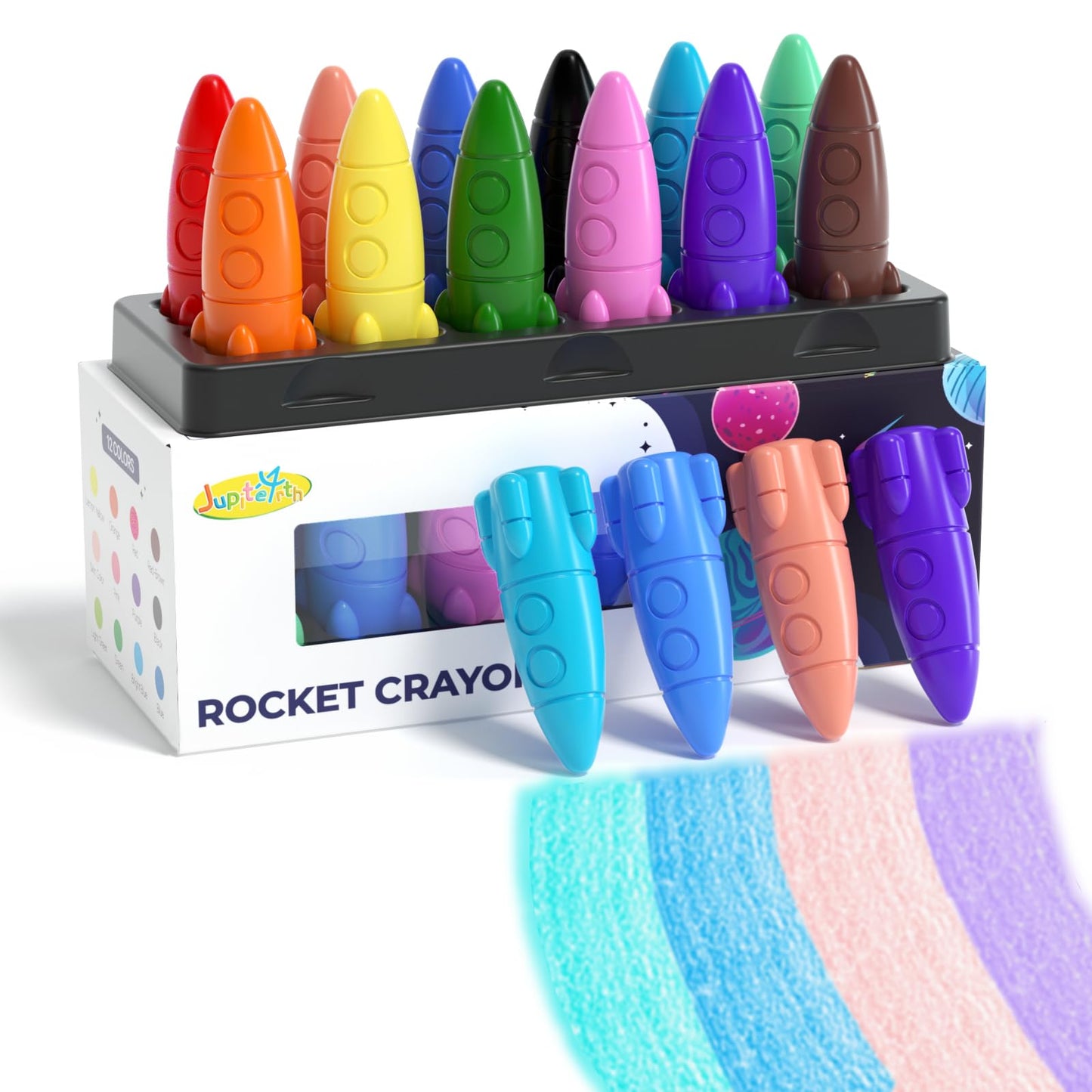 Jupitearth 12 Rocket Crayons, Non Toxic Washable Toddler Crayons, Rocket Crayons With Easy-To-Hold For Toddlers, Crayons For Kid
