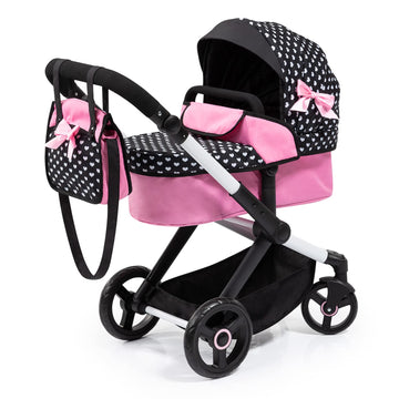 Bayer: Pram Xeo, Hearts Black & Pink - Matching Handbag, Adjustable Handle, For Dolls Up To 20, Ages 3+ | Baby Dolls | Dress Up