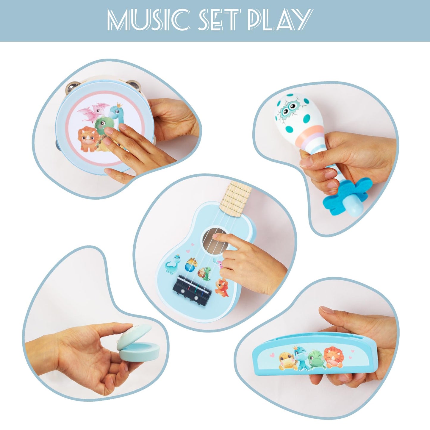 Woodenedu Kids Guitar For Girls, Wooden Musical Instruments Toys With Ukulele, Tambourine, Maracas, Harmonica, Mini Band Sets Fo