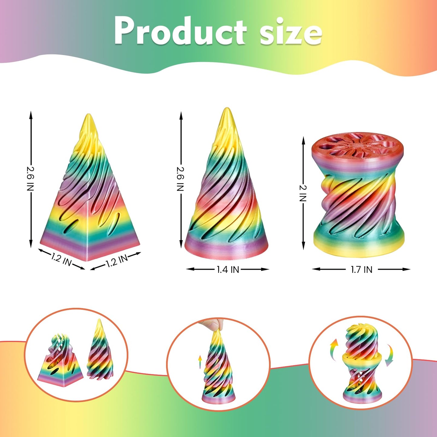 Mydhall 3PCS Impossible Cone 3D Printed Spiral Cone Fidget Toys Impossible Pyramid Passthrough Sculpture Stress Relieving Toys for mature-themeds and Kids Stocking Filler White Elephant Gifts(Rainbow)