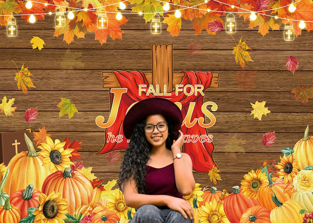 LTDKAEN Fall for Jesus Backdrop He Never Leaves Wooden Autumn Thanksgiving Backdrop Autumn Harvest Pumpkin Maple Leaves Sunflowe