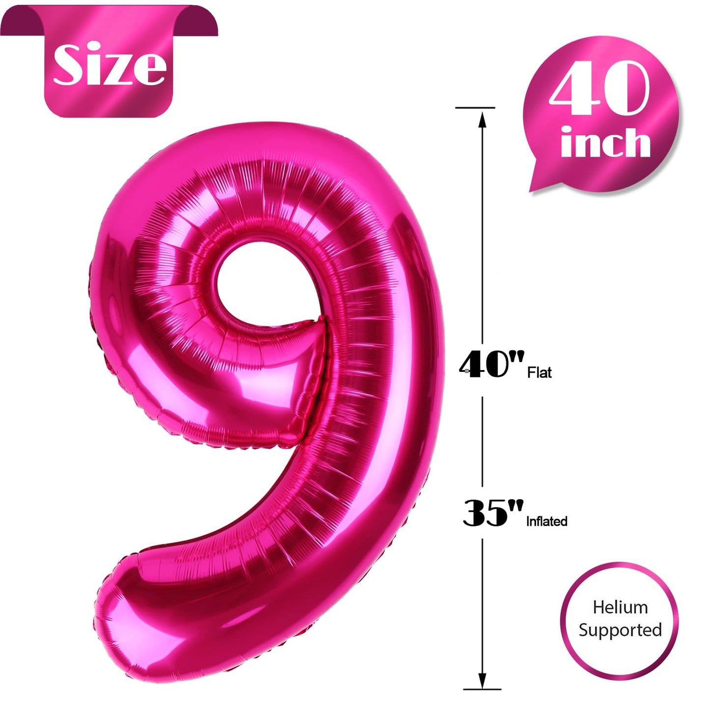 Hot Pink 9 Balloon, Number Balloons 40 Inch, 9Th Giant Birthday Decorations For Girls,19Th 29Th Party Decorations Supplies, Numb