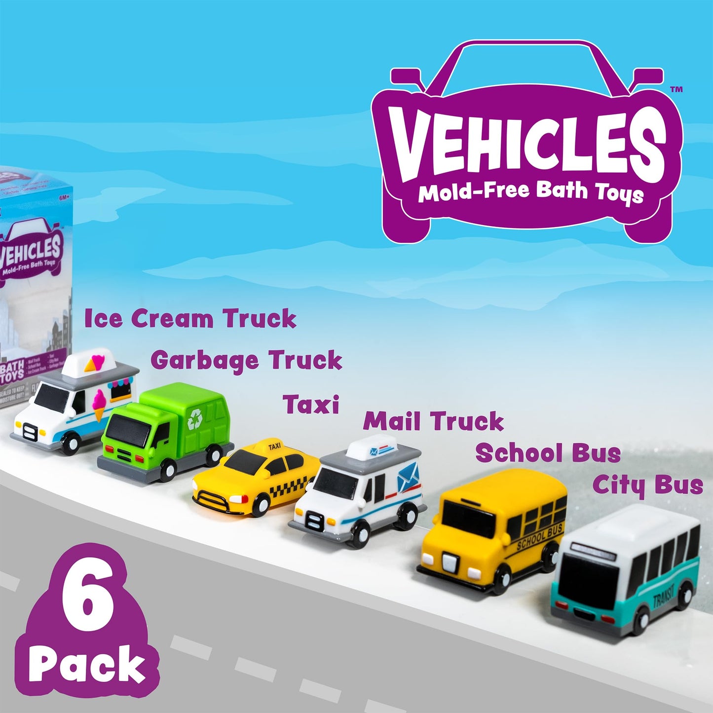 Tub Works Vehicles Bath Cars Mold Free Bath Toys, 6 Pack | Sealed, No Hole Bath Toys Design Keeps Moisture Out | Soft, Squeezabl