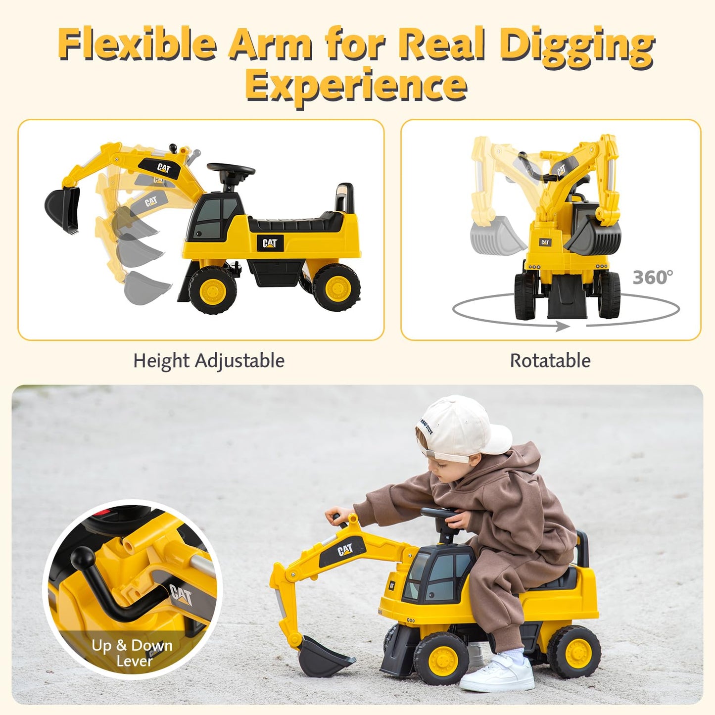 Honey Joy Ride On Push Car, Licensed Caterpillar Toddler Bulldozer Digger Toy, Outdoor Digging Scooper W/360 Degree Working Shovel, Ride On Excavator Construction Vehicle For Kids Boys Girls, Yellow