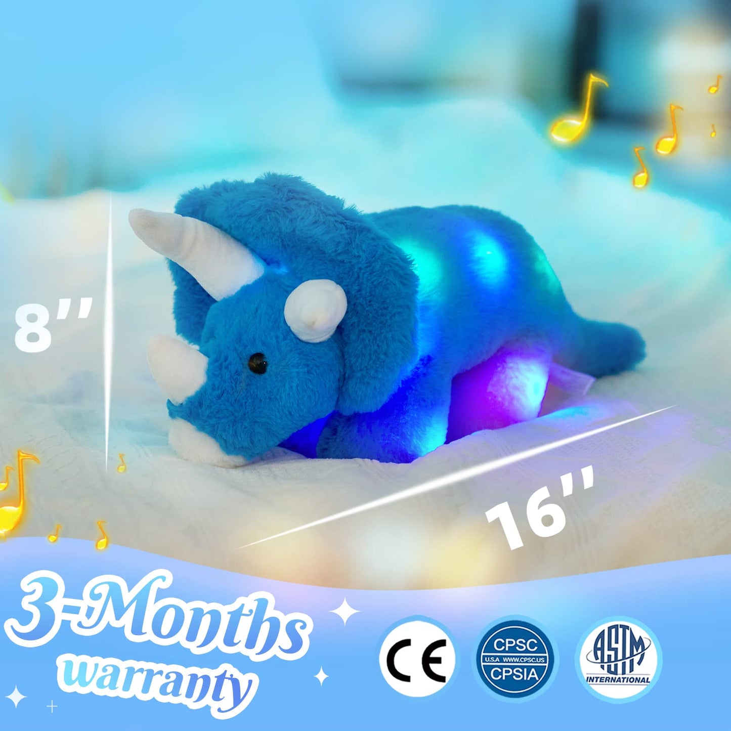 Glow Guards Musical Triceratops Plush Toy - 16'' LED Night Light, Soft Blue Dinosaur for Kids, Ideal Birthday Gift