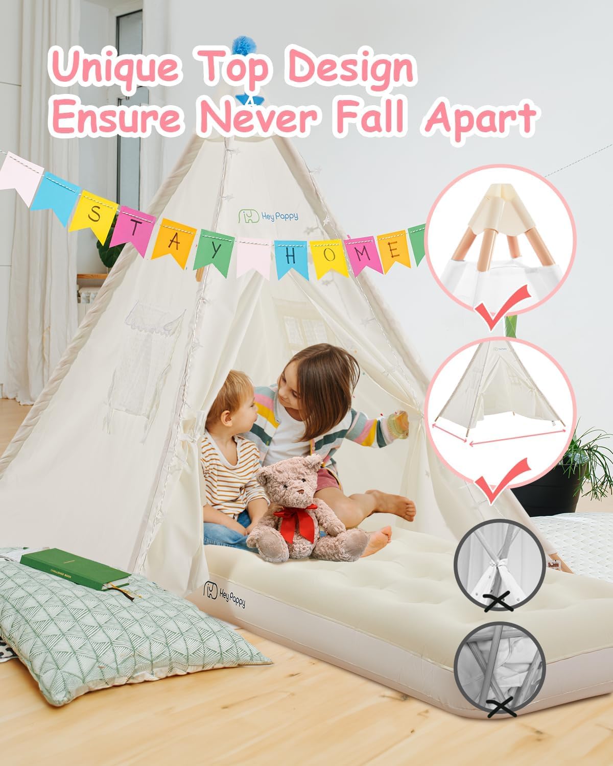 Heypappy 6 Pack Teepee Tent For Kids With Inflatable Airbed, Light, Toddler Tent Children Room Tent, Slumber Party Sleepover Ten