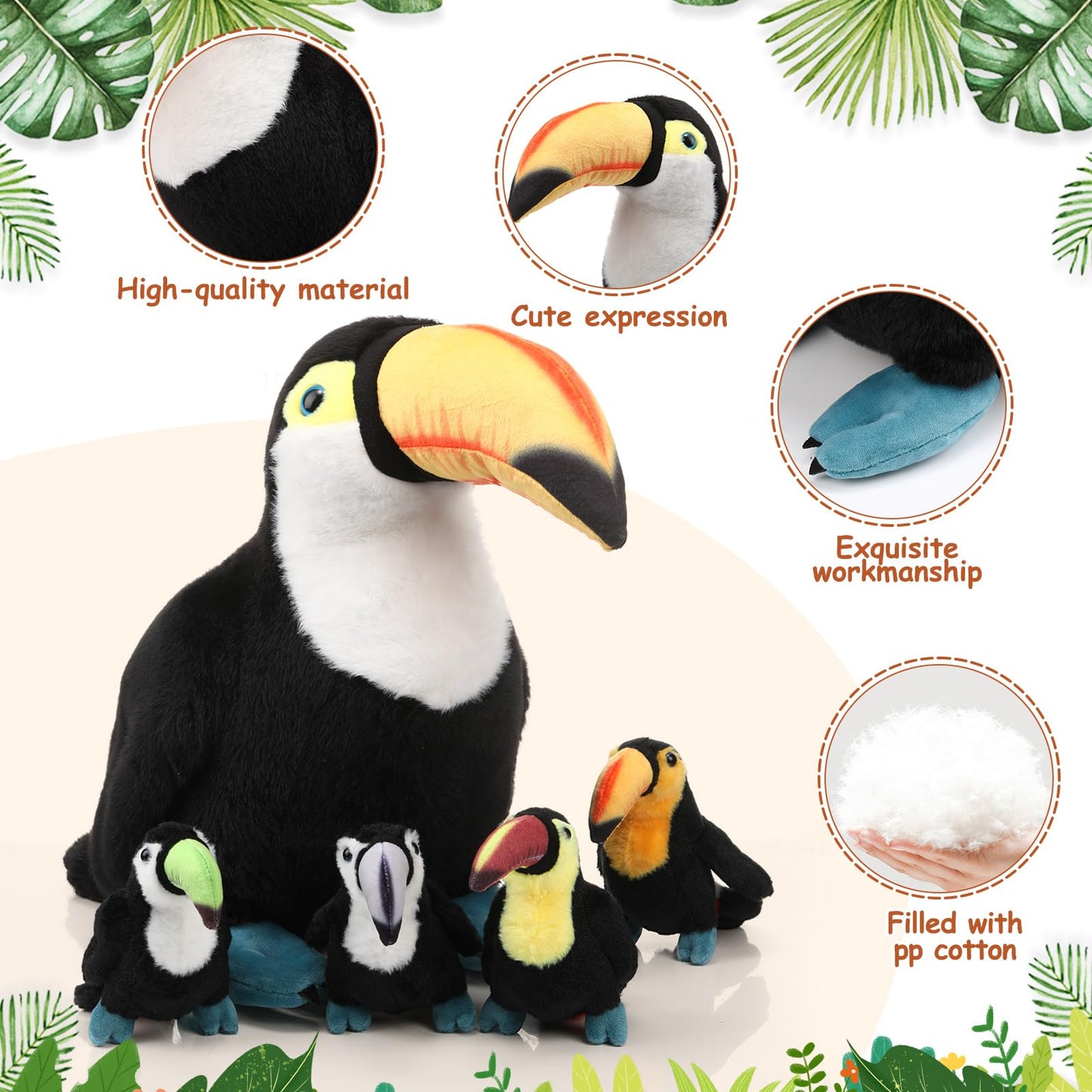 Hydren 5 Pcs Toucan Plush Stuffed Animal Black Bird Stuffed Animal Toy 14 Inch Large Realistic Mommy Bird With 4 Small Babies Pl