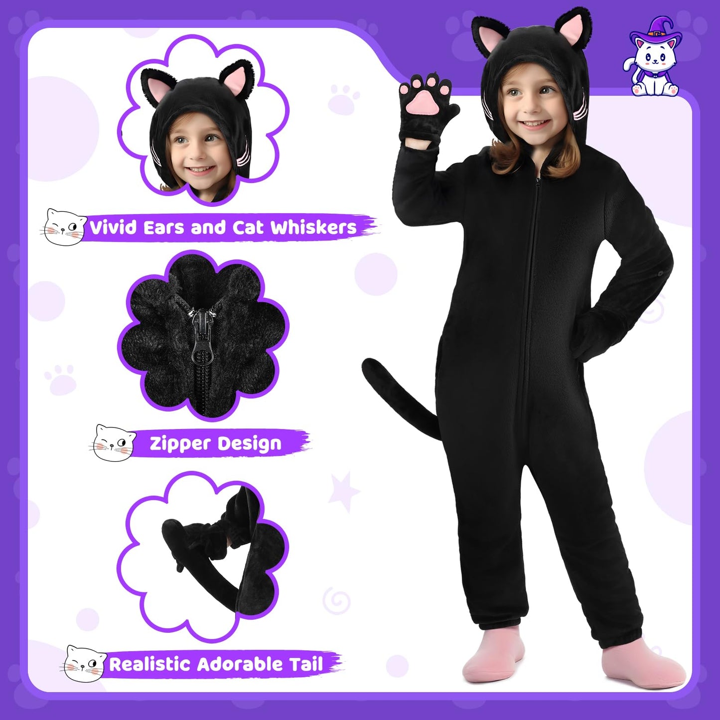 Giftinbox Cat Costume For Girls, Zip-Up Hooded Onesie Black Cat Costume For Kids Dress Up, Role Play Halloween Costumes For Kids Girls 5 6 7 8 9 10 11