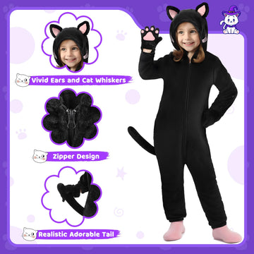Giftinbox Cat Costume For Girls, Zip-Up Hooded Onesie Black Cat Costume For Kids Dress Up, Role Play Halloween Costumes For Kids Girls 5 6 7 8 9 10 11