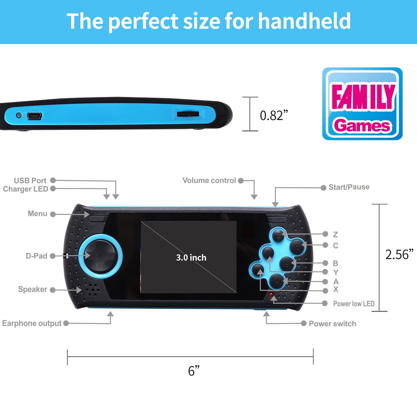 LUHYAUAN 16 Bit Handheld Game Console - 230 Classic Retro Games, USB Rechargeable, 3 Portable Gaming System for Kids Ages 4-12, Blue