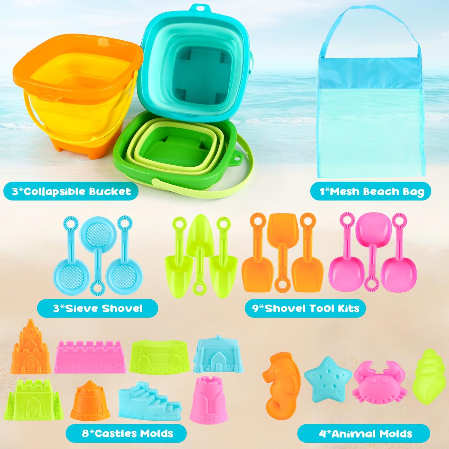 Dreamon Beach Toys For Kids 3-10, Collapsible Sand Toys Include 3 Pack Foldable Buckets, 24 Pcs Beach Mold And Shovels Molds, Tr
