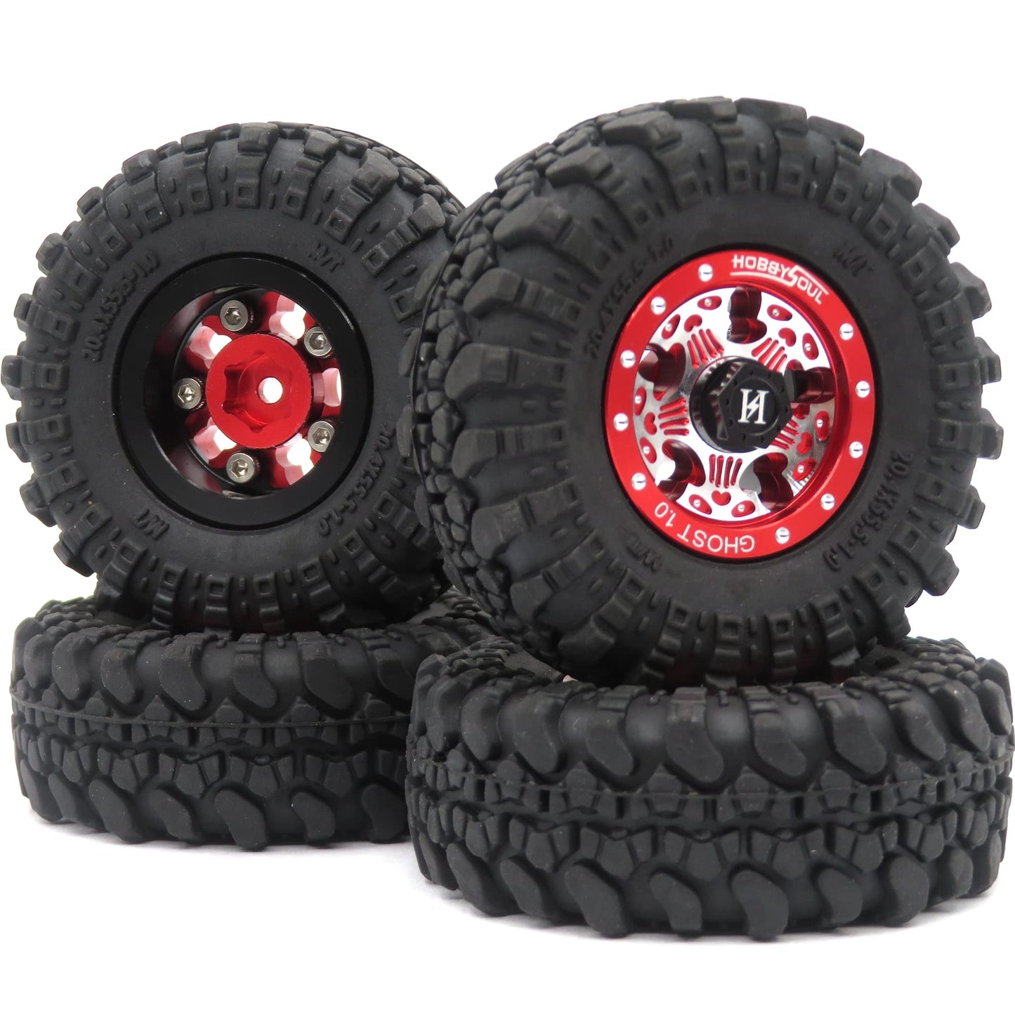hobbysoul 4pc 1.0 Beadlock Wheels and Tires for RC Crawler Truck Axial SCX24 Traxxas 1/18 TRX4M Upgrades, HS701190