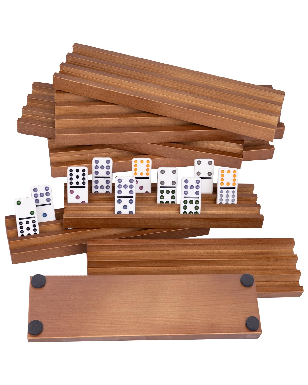 Wooden Domino Racks Set Of 8, Wood Domino Tiles Trays, Domino Holders Organizer For Mexican Train And Other Domino Games-Dominos