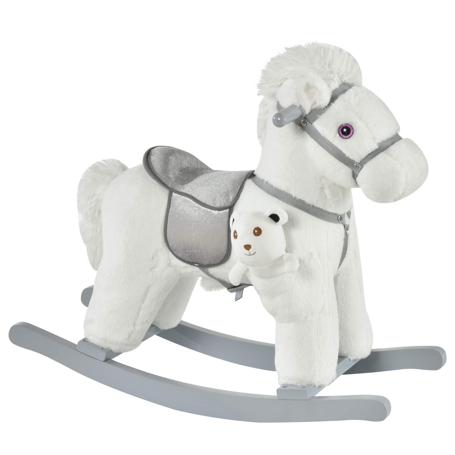 Qaba Kids Plush Ride-On Rocking Horse With Bear Toy, Children Chair With Soft Plush Toy & Fun Realistic Sounds, White