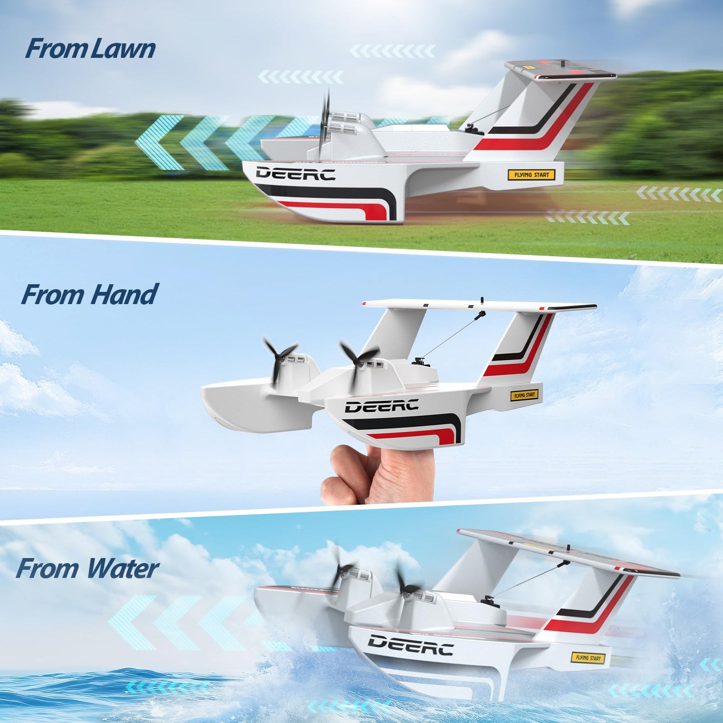 Deerc Rc Plane For Water Land & Air, Amphibious Tri-Phibian Aircraft, 3Ch Remote Control Plane W/ 2 Batteries, 2.4Ghz Rtf Airpla
