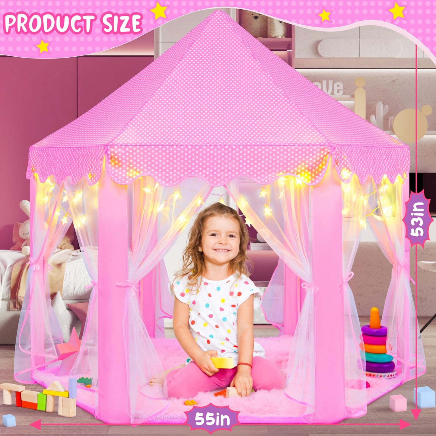 Kixinwa Pink Princess Tent For Girls, Kids Play Tent With Led Small Star Lights, Castle Playhouse Tent For Children Toddlers Ind