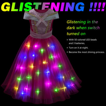 Light Up Princess Aurora Costume For Girls Dress Up - Led Light-Up Pink Sieeping Beauty Dress With Accessories For Birthday Halloween Cosplay 8-9 Years
