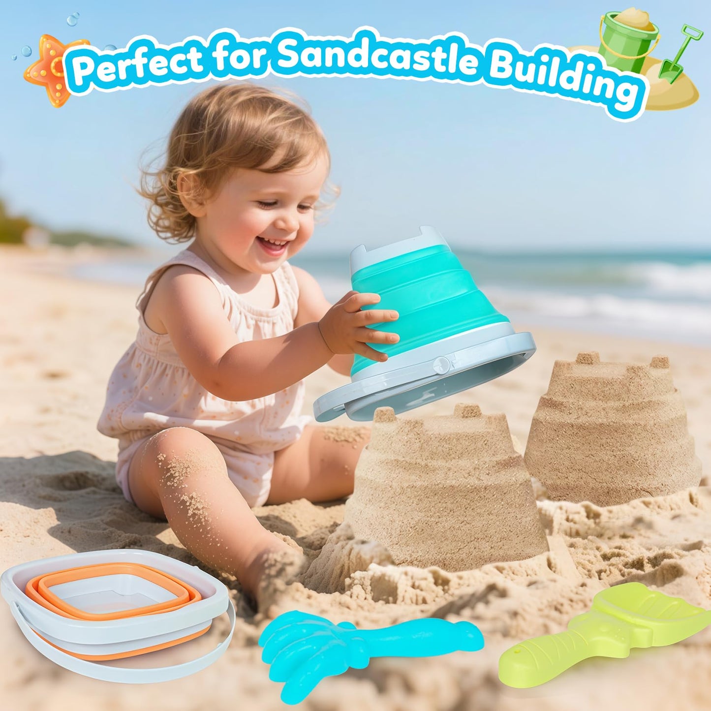 Gkdoms Kids Beach Toys Set With Collapsible Bucket, Sand Rake And Shovel, Turquoise And Orange, Ages 2-6, 2Pack Travel Toys (Two