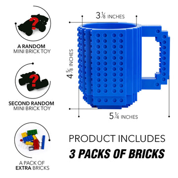 TOYAMBA Build-on Brick Mug BPA-Free Funny Mugs with 3 Packs of Building Bricks, Funny Cups for Kids - Creative Building Block Mu