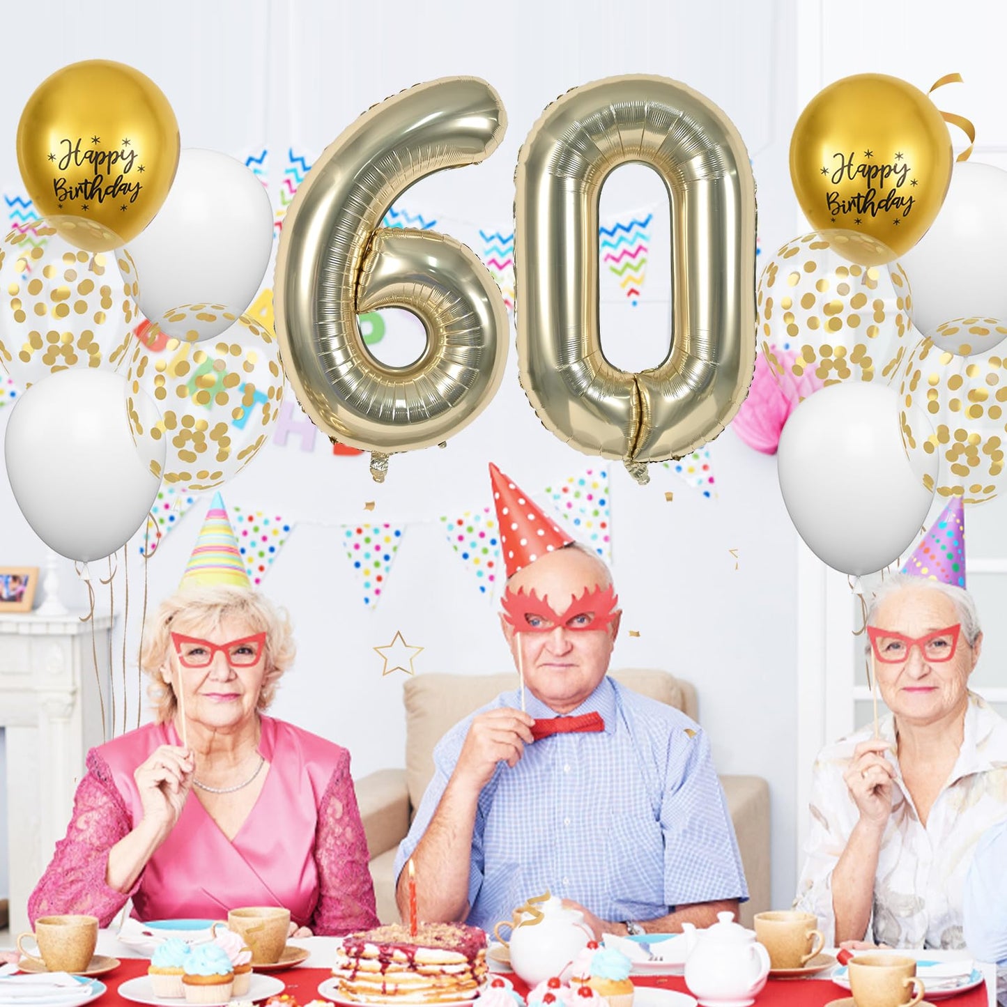 FunHot 40-Inch Light Gold Balloon Set - 13Pcs with 60 Number, Confetti, Rubber for 60th Birthday & Anniversary Decorations
