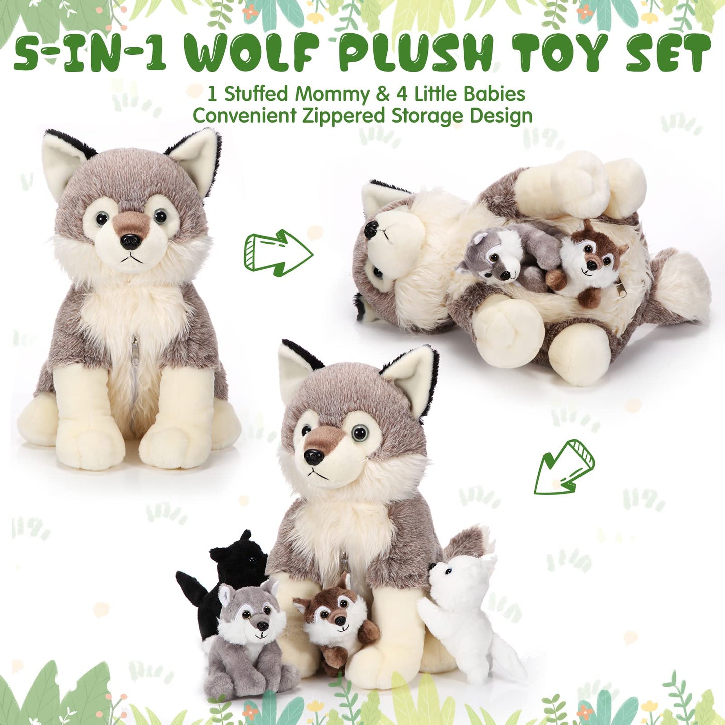 Honoson 5 Pcs Wolf Plush Toy Set 14 Inch Mommy Wolf Stuffed Animal With 4 Baby Wolves Soft Wolf Plushie For Wolf Lover Boys Girl