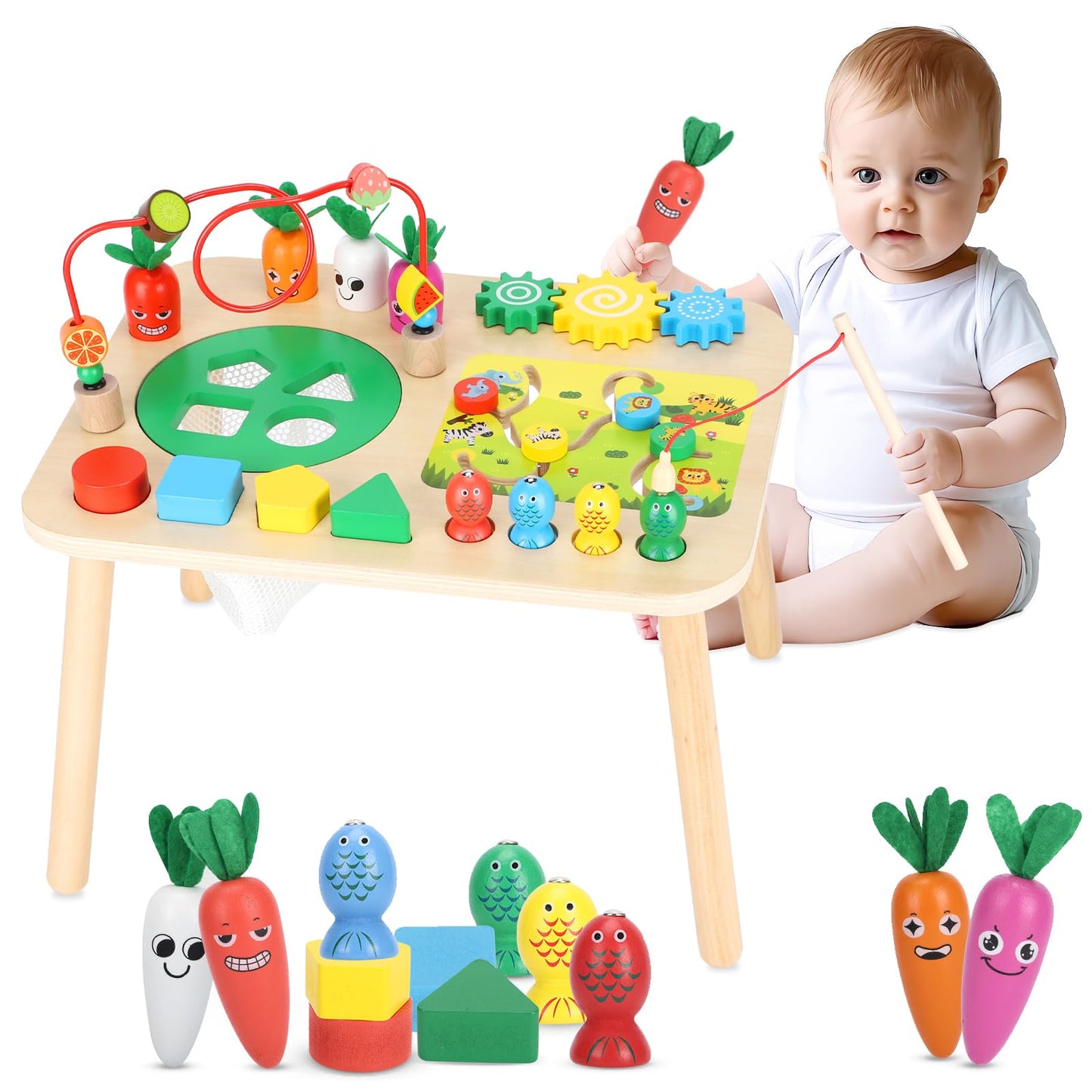 Activity Table For 1+ Year Old Girls Boys, 7-In-1 Wooden Montessori Toys, Activity Center, Baby Toddler Sensory Toys Kids First