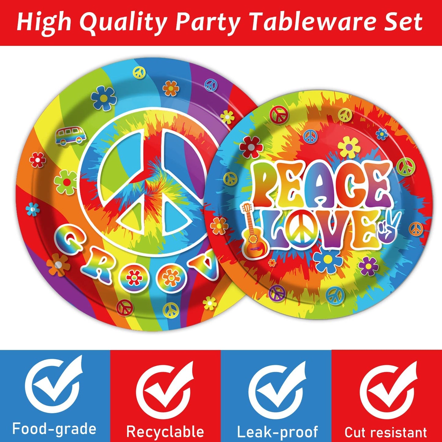 96 Pcs 60’S Party Hippie Tableware Set Groovy Hippie Plates Napkins 60S Hippie Themed Party Decorations Peace Love Tie Dye Style Disposable Paper Tableware Birthday Party Suplies Favor For 24 Guests