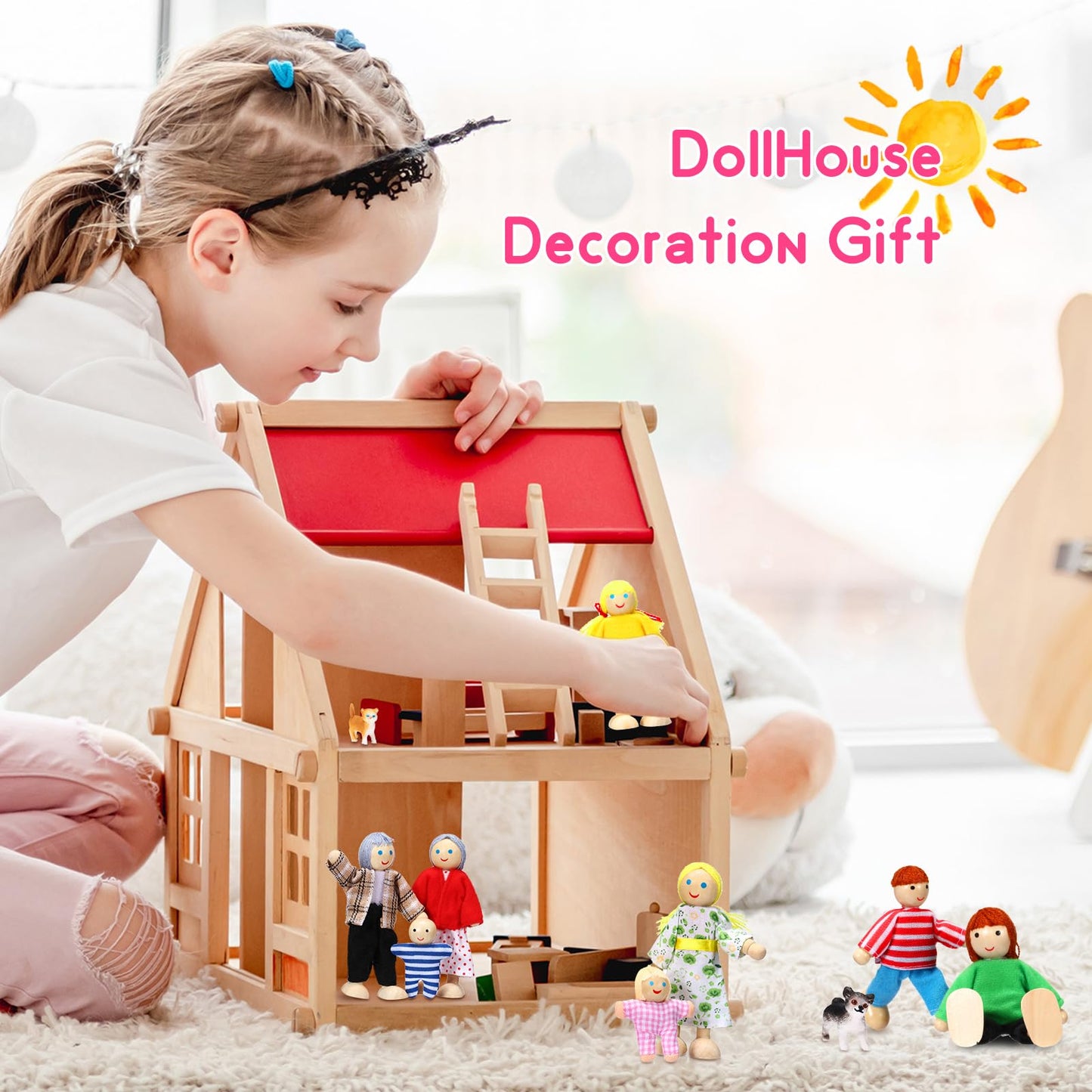 Skylety 10 Pcs Wooden Dollhouse Set Of Mini People Figures Dolls Wooden Doll Pretend Play Figures Accessories For Pretend Dollhouse Toy(Bright Style)