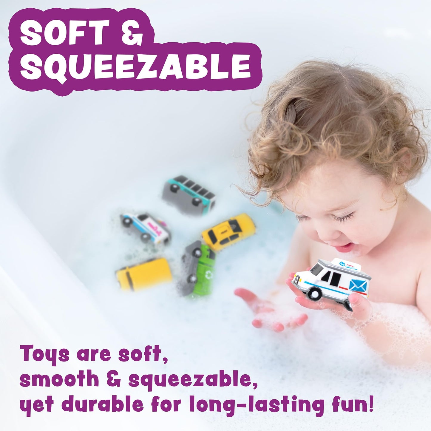 Tub Works Vehicles Bath Cars Mold Free Bath Toys, 6 Pack | Sealed, No Hole Bath Toys Design Keeps Moisture Out | Soft, Squeezabl