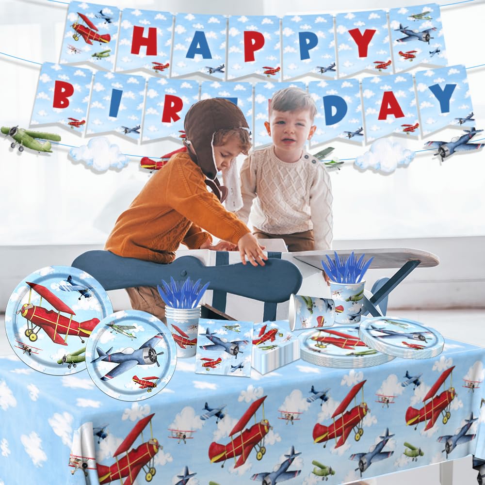 142Pcs Airplane Birthday Party Decorations Airplane Party Tableware Supplies Airplane Blue Sky White Disposable Plates,Tableclot